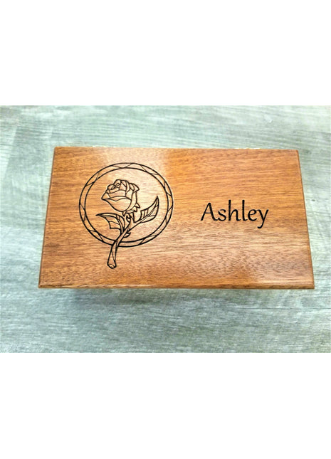 Rose Music Box Add Text, Personalized Custom Laser Engraved Traditional Wind Up Handmade Wood Music Box