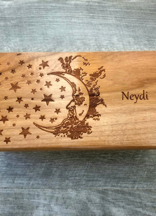 Moon and Stars Music Box Add Text, Personalized Custom Laser Engraved Traditional Wind Up Handmade Wood Music Box