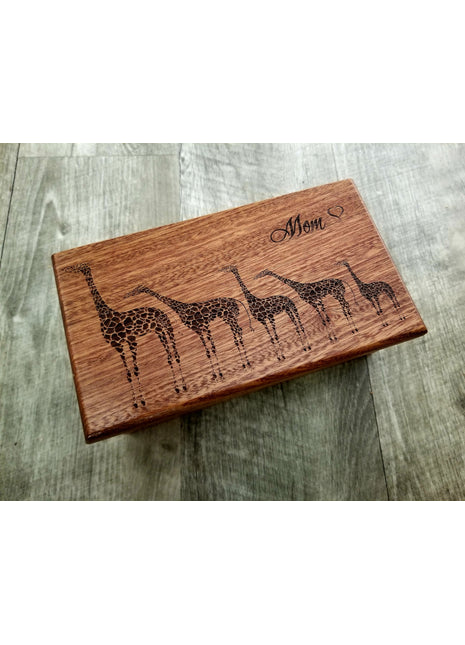 Giraffe Family Music Box Add Text, Personalized Custom Laser Engraved Traditional Wind Up Handmade Wood Music Box