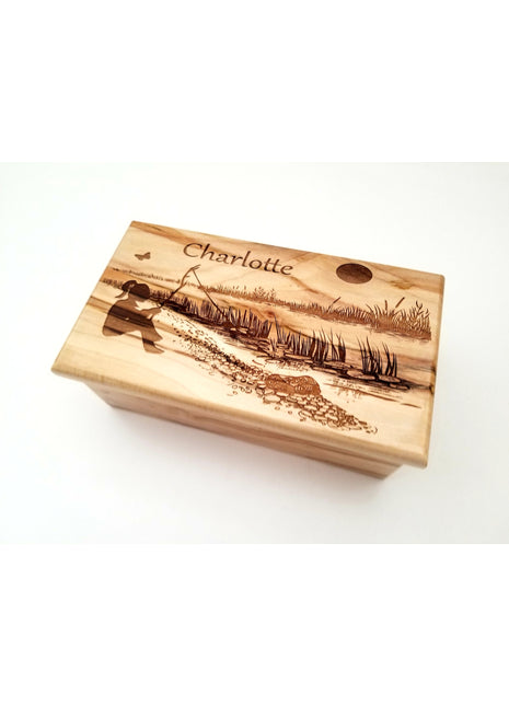 Girl Fishing Electronic Music Box Add Text, Personalized Handmade Custom Wood Laser Engraved Music Box