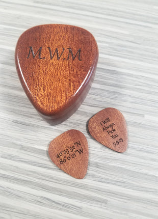 Custom Engraved Handmade Wood Guitar Pick Box Custom Text, Wood Guitar Picks, Wood Pick Case