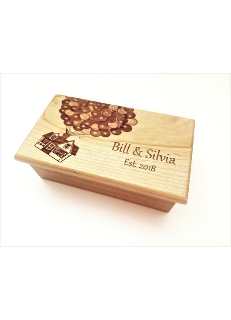 Flying House with Balloons Electronic Music Box Add Text, Personalized Handmade Custom Wood Laser Engraved Music Box
