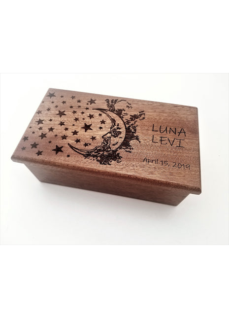 Moon and Stars Music Box Add Text, Personalized Custom Laser Engraved Traditional Wind Up Handmade Wood Music Box