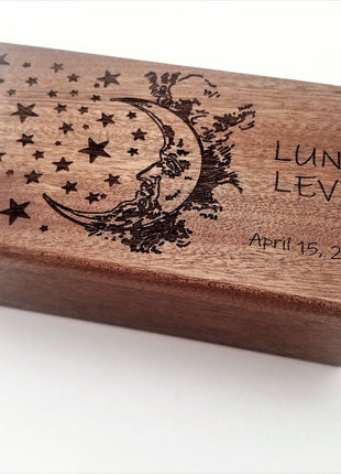 Moon and Stars Electronic Music Box Add Text, Personalized Handmade Custom Wood Laser Engraved Music Box