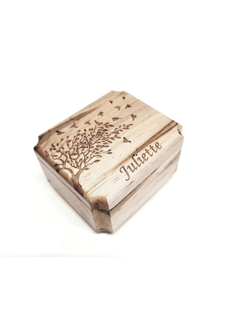 Tree with Birds Mini Music Box Add Text, Personalized Handmade Custom Wood Small Wind Up Music Box