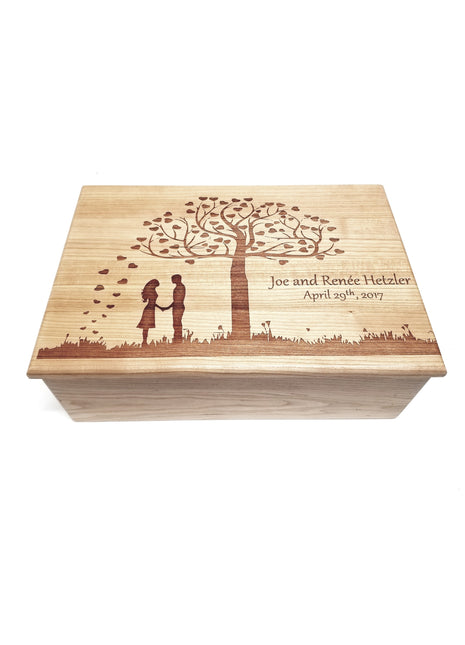 Couple Under Heart Tree Memory Box Add Text, Personalized Handmade Custom Wood Memorial Laser Engraved Box