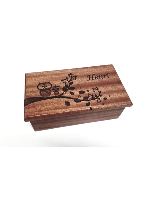 Cute Mama and Baby Owl on Branch Electronic Music Box Add Text, Personalized Handmade Custom Wood Laser Engraved Music Box