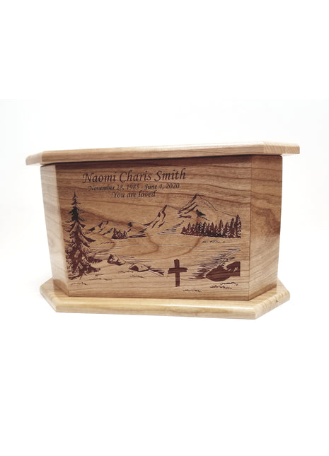 Mountain Cross Urn Add Text, Personalized Handmade Custom Wood Laser Engraved Memorial Urn