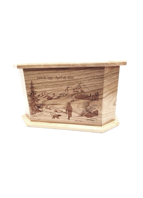 Man and Dog Mountain Urn Add Text, Personalized Handmade Custom Wood Laser Engraved Memorial Urn