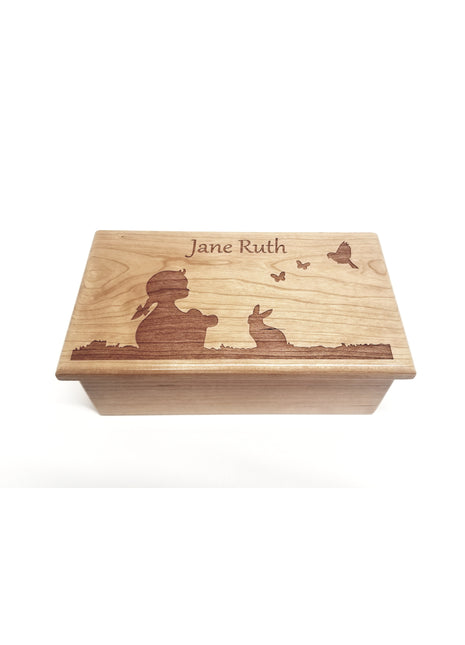 Little Girl and Bunny Music Box Add Text, Personalized Custom Laser Engraved Traditional Wind Up Handmade Wood Music Box