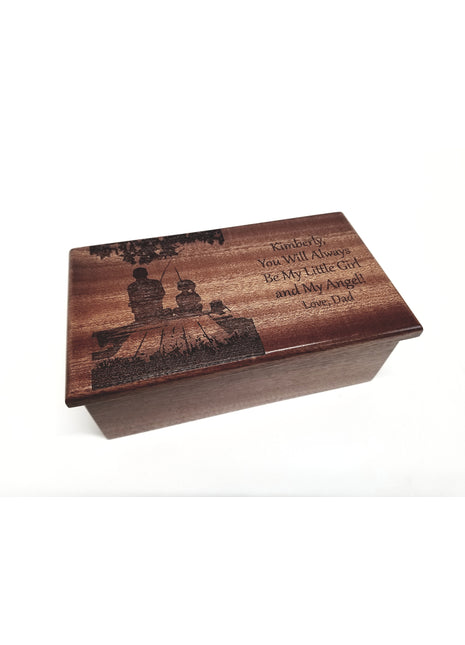 Father Daughter Fishing Music Box Add Text, Personalized Custom Laser Engraved Traditional Wind Up Handmade Wood Music Box