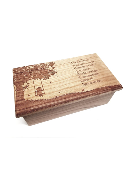 Little Girl on Swing Music Box Add Text, Personalized Custom Laser Engraved Traditional Wind Up Handmade Wood Music Box