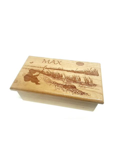 Little Boy Fishing Music Box Add Text, Personalized Custom Laser Engraved Traditional Wind Up Handmade Wood Music Box