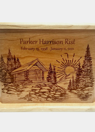 Custom Engraved Handmade Personalized Mountain Cabin Urn, Rustic Mountain Urn