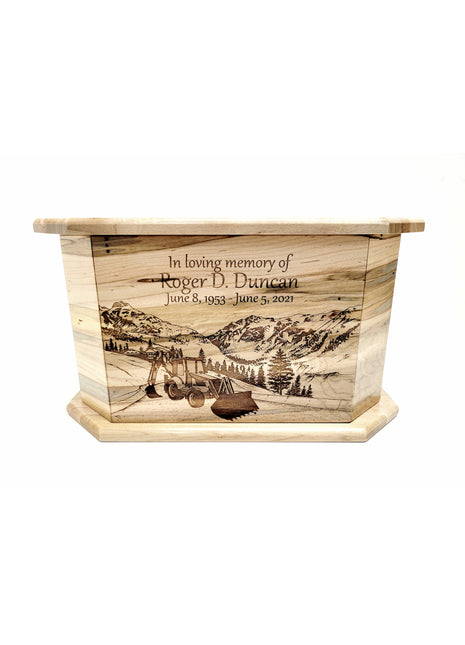 Backhoe Driver Construction Mountain Urn Add Text, Personalized Handmade Custom Wood Laser Engraved Memorial Urn