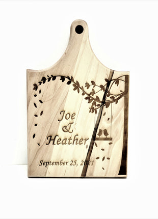 Personalized Hand Made Love Birds Wooden Cheese Board, Custom Text Wood Cheese Board