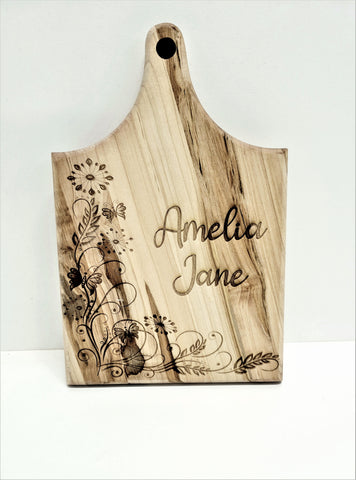 Personalized Hand Made Floral Cheese Board, Custom Text Wood Cheese Board