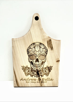 Personalized Hand Made Sugar Skull Cheese Board, Custom Text Wood Cheese Board