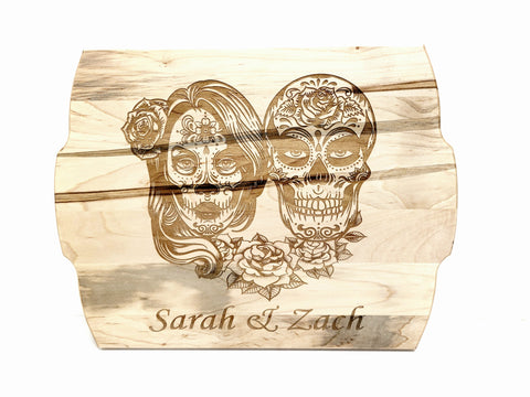 Personalized Custom Sugar Skull Couple Wood Cutting Board