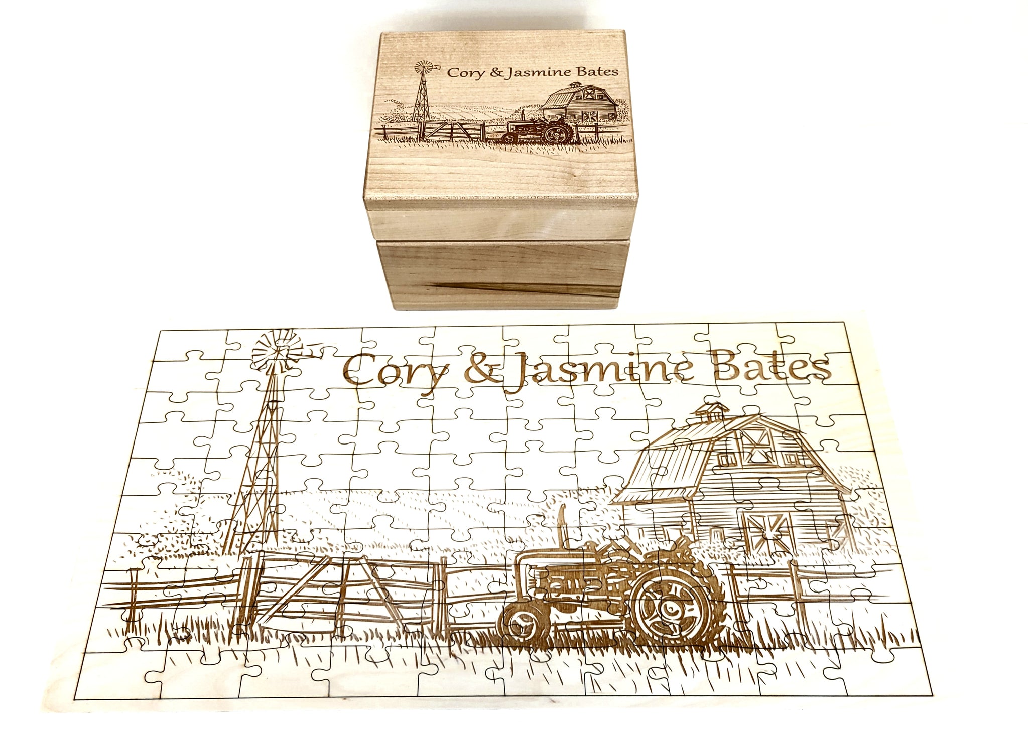 Custom Engraved Personalized Country Farm Barn Tractor Jigsaw Puzzle with Engraved Storage Box