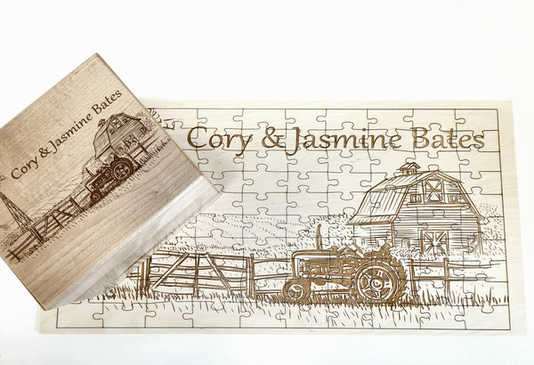 Custom Engraved Personalized Country Farm Barn Tractor Jigsaw Puzzle with Engraved Storage Box