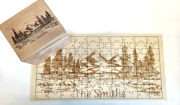 Custom Engraved Personalized Mountain Scene Jigsaw Puzzle with Engraved Storage Box
