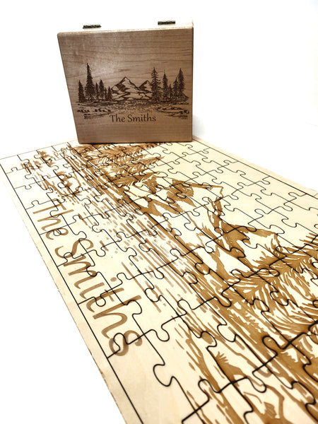 Custom Engraved Personalized Mountain Scene Jigsaw Puzzle with Engraved Storage Box