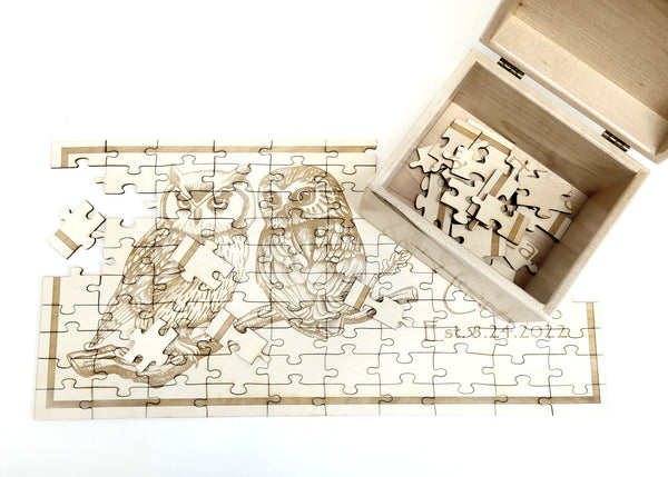 Custom Engraved Personalized Owl Couple Jigsaw Puzzle with Engraved Storage Box