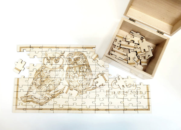 Custom Engraved Personalized Owl Couple Jigsaw Puzzle with Engraved Storage Box