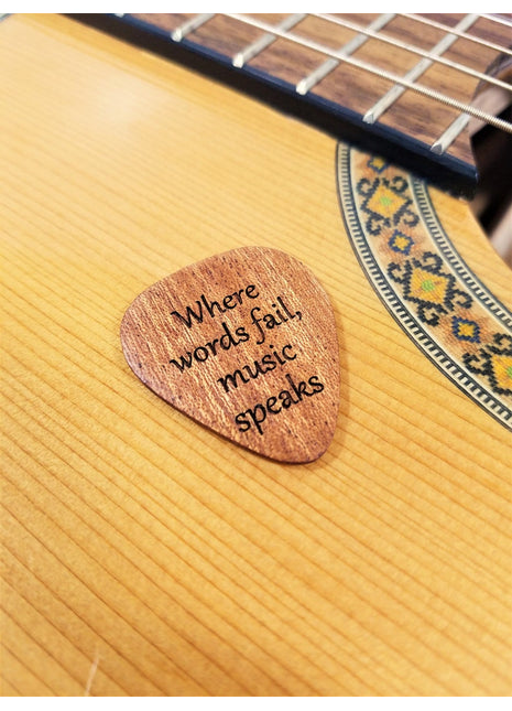 Where Words Fail Music Speaks Wooden Guitar Pick, Add Text, Personalized Handmade Laser Engraved Guitar Plectrum