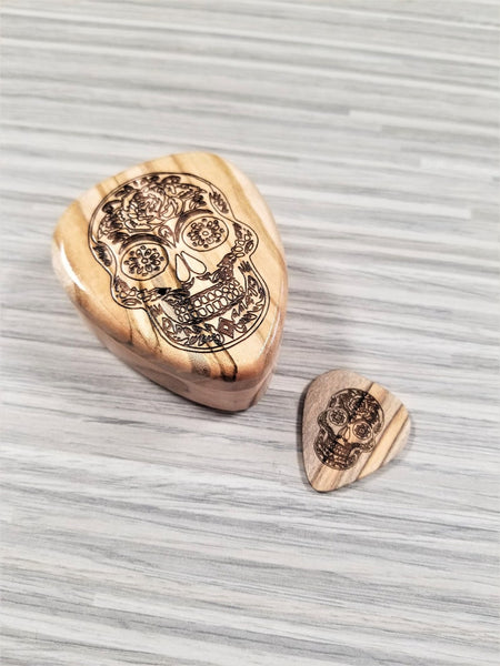 Custom Engraved Handmade Wood Guitar Pick Box Bass Sugar Skull Design, Wood Guitar Picks, Wood Pick Case