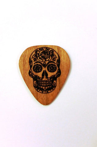 Personalized Handmade Sugar Skull Wooden Guitar Pick, Custom Wood Guitar Plectrum